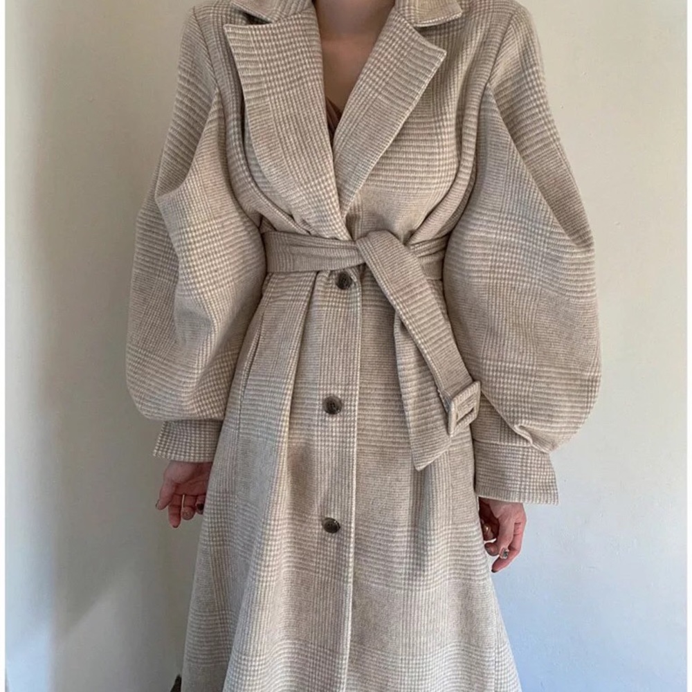 Coat long plaid vintage lantern puff sleeve runway womens soft khaki bel… - Picture 3 of 10